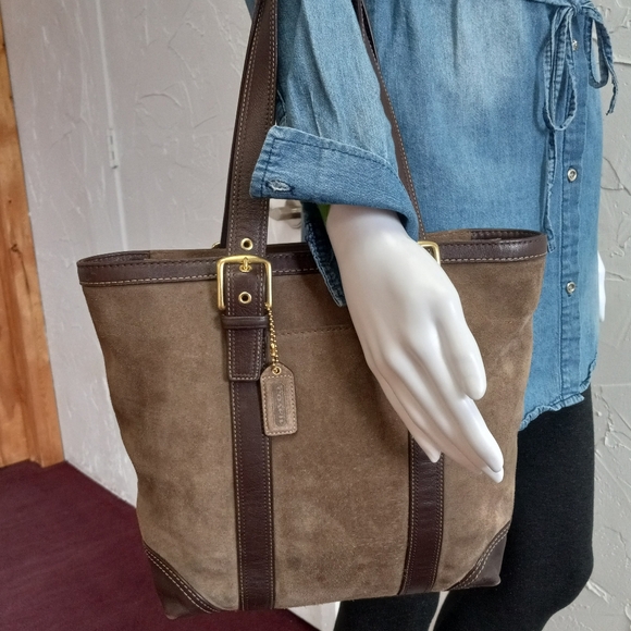 Coach Carly, Suede Shoulder/Tote Bag In Taupe - Picture 14 of 14